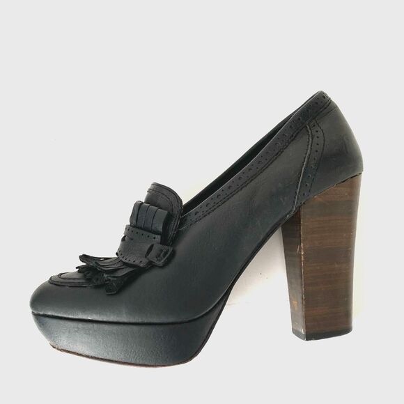 Frye Black Leather High Chunky Heeled Loafers Embossed Logo
sz 8 Academia Preppy - Picture 12 of 12
